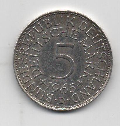 ALEMANIA DEL AÑO 1965 DE 5 MARCOS LETRA D